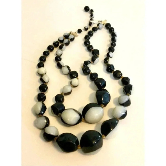Vintage Womens Black Ivory Two Tone Double Strand with Extension Beaded Necklace - Picture 1 of 9